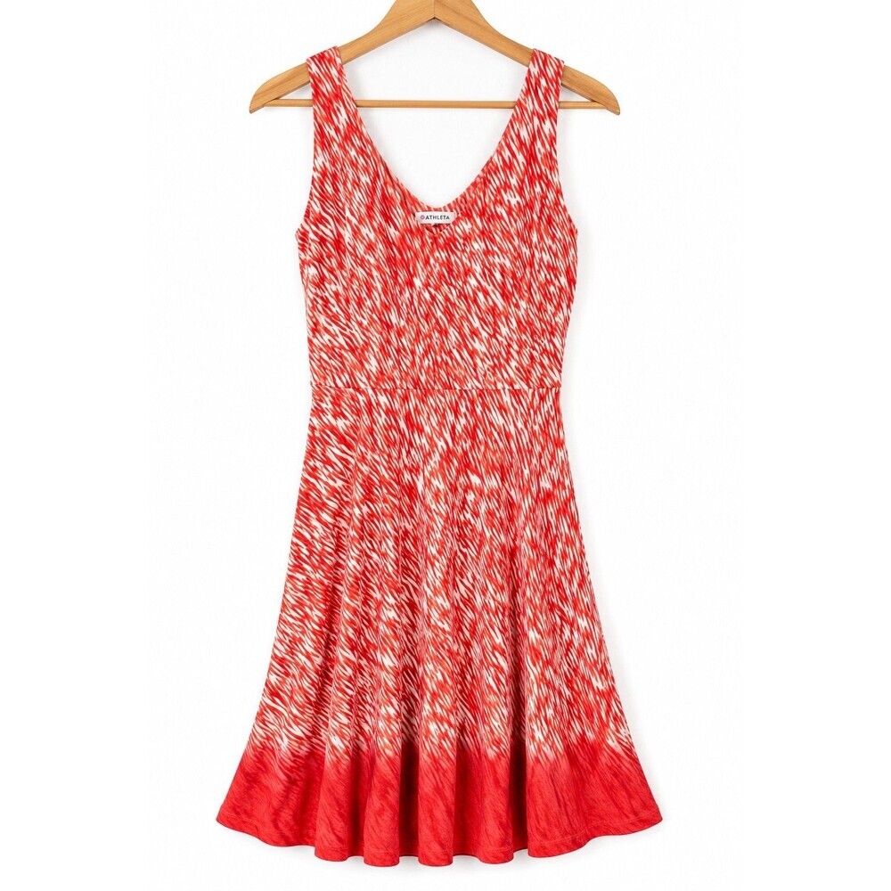 Athleta XS Red White Abstract Print Sleeveless Fit & Flare Midi Dress Stretch